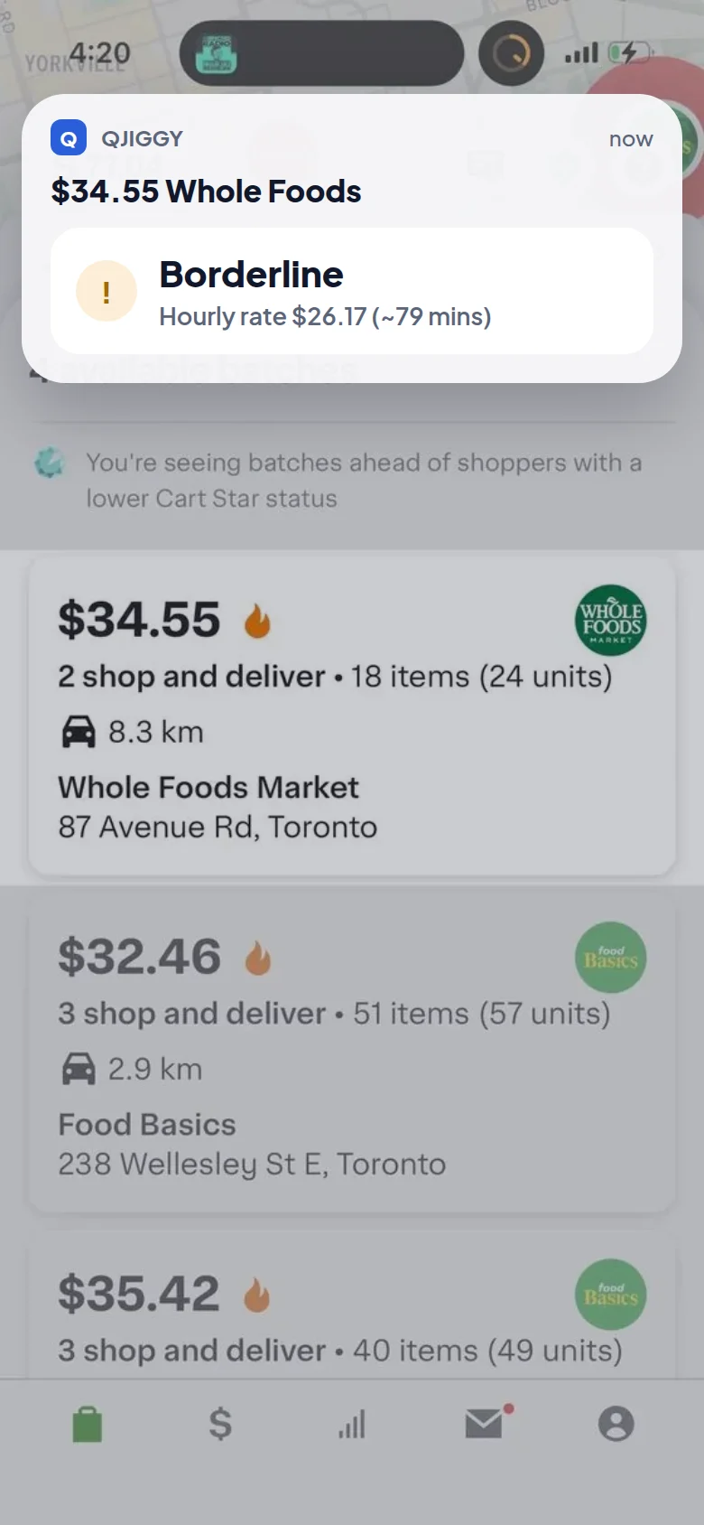 A QJiggy notification over the Instacart offer list: $34.55 Whole Foods, Borderline, hourly rate $26.17, about 79 minutes