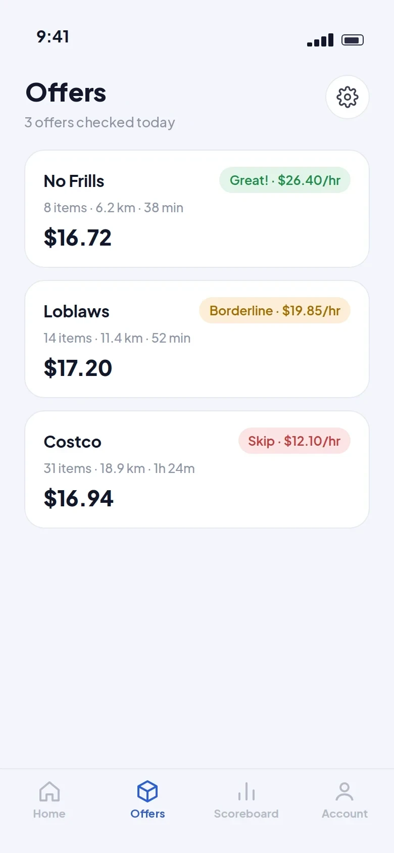 QJiggy Offers list with three offers rated Great!, Borderline, and Skip, each with an hourly rate